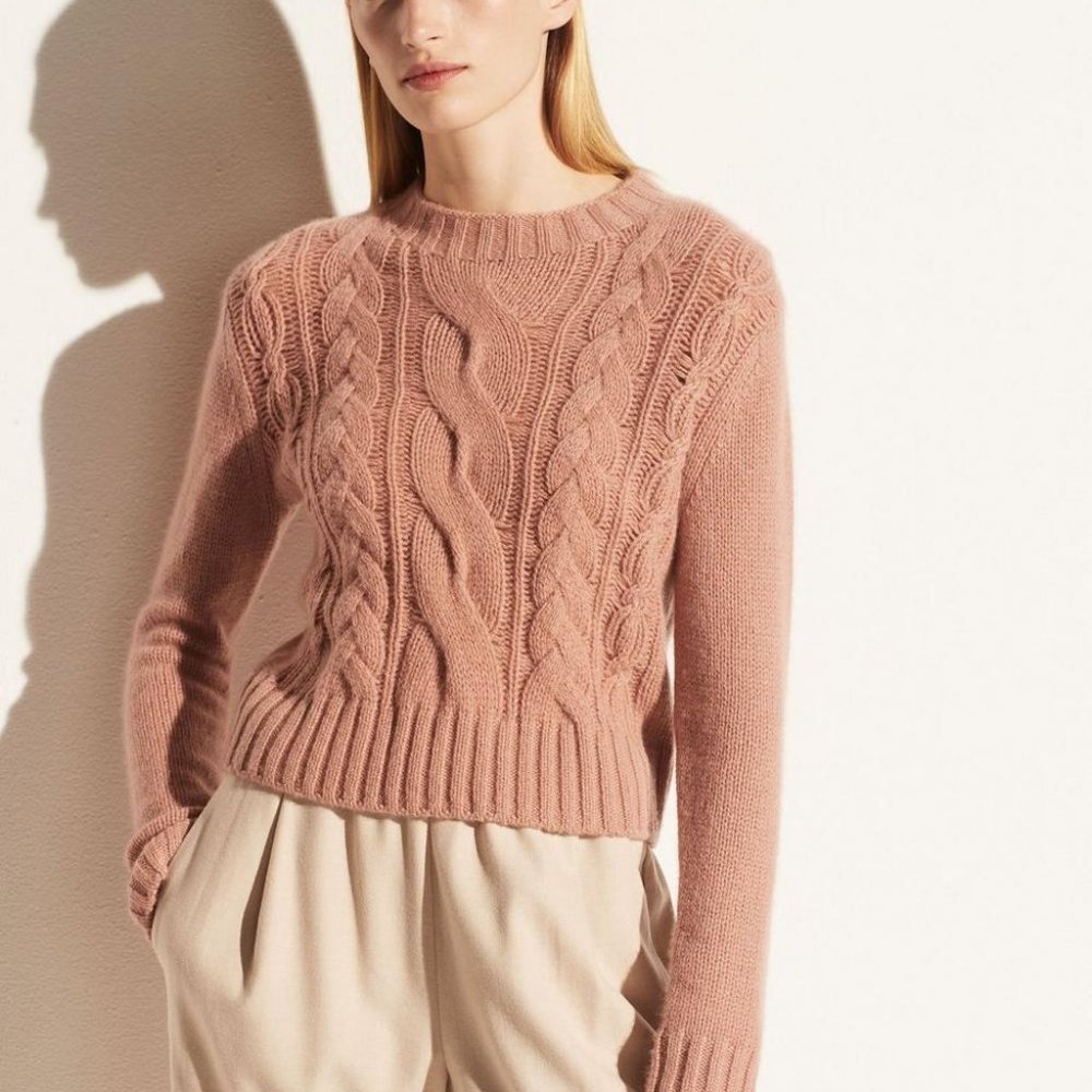 Vince 100% Cashmere Shrunken Cable Pullover (L / Blush Cream)